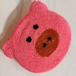 Pink Beaded Pig Face Bag Charm Coin Purse with Zipper